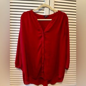 NYDJ Button Front Pintuck Blouse, Red 3/4 Sleeve, Size Large